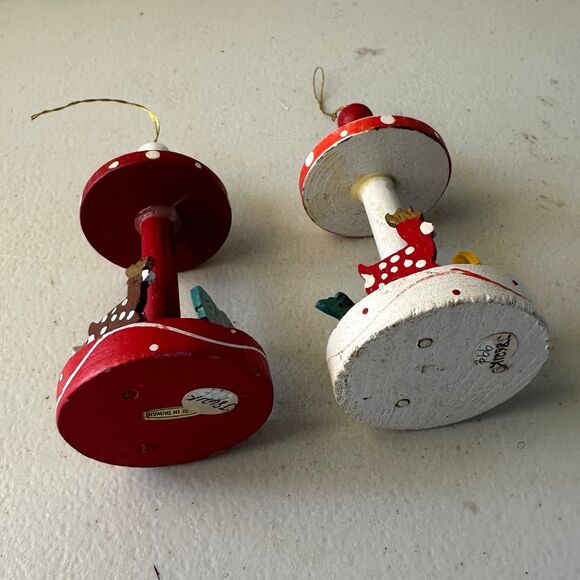 Vintage Hand Painted Wooden Carousel Merry Go Round Christmas Ornaments Lot of 2 - Picture 3 of 3
